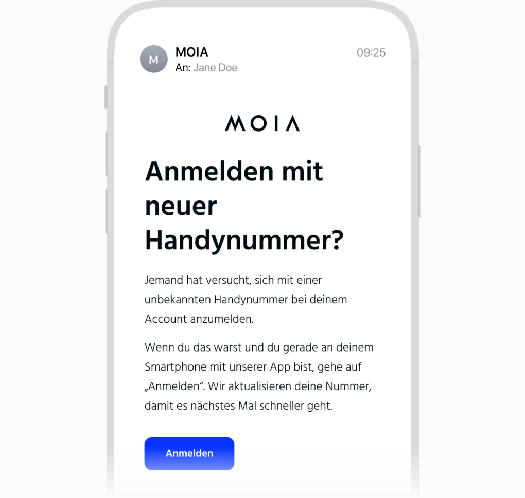 Bild zeigt Hinweis über eine Anmeldung in einem bestehenden Konto mit einer neuen Handynummer