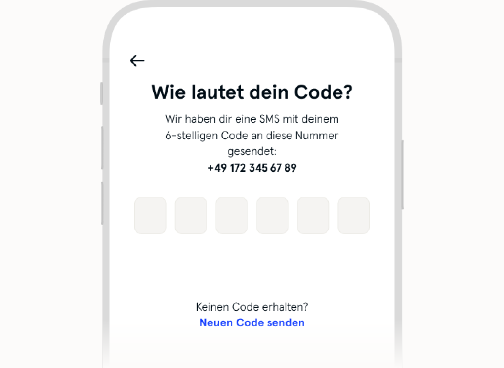 Bild zeigt das Eingabefeld des an die Handynummer versendeten Verifizierungscodes