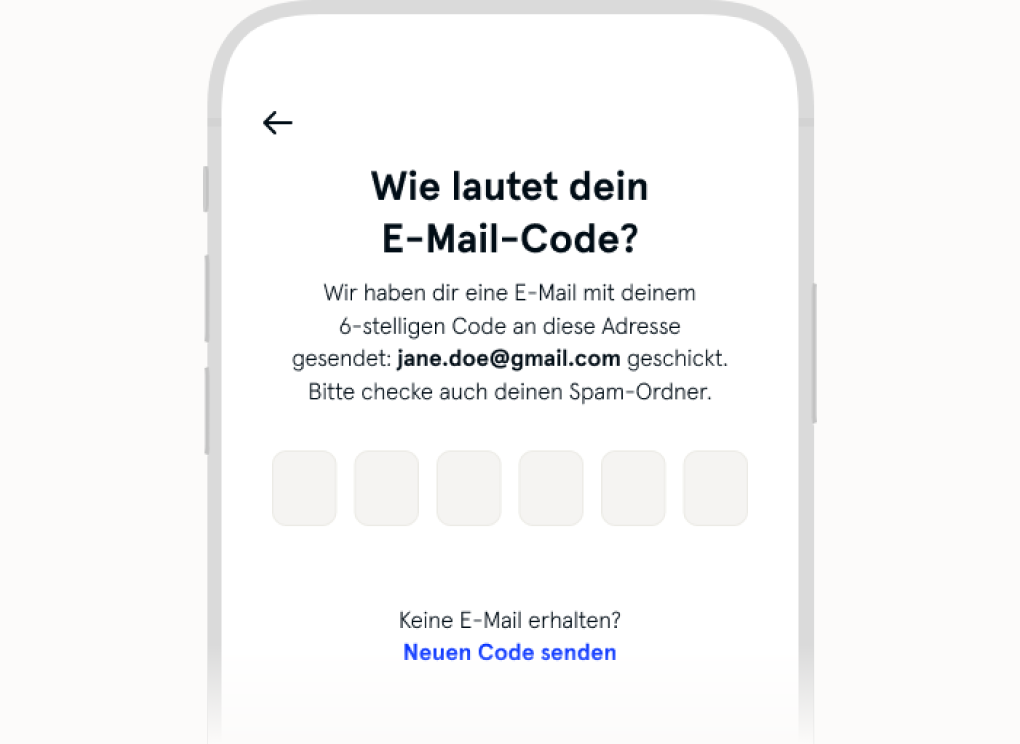 Bild zeigt das Eingabefeld des an die E Mail Adresse versendeten Verifizierungscodes zur Verknüpfung mit der Handynummer