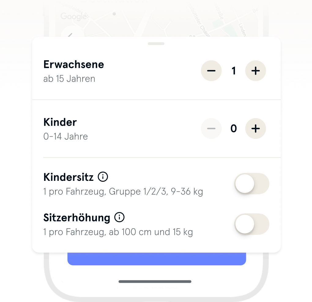 Bild zeigt die Möglichkeit einen Kindersitz oder eine Sitzerhöhung bei der Buchungsanfrage hinzuzufügen