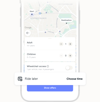 The picture shows the possible options for a later journey after selecting the start and destination address
