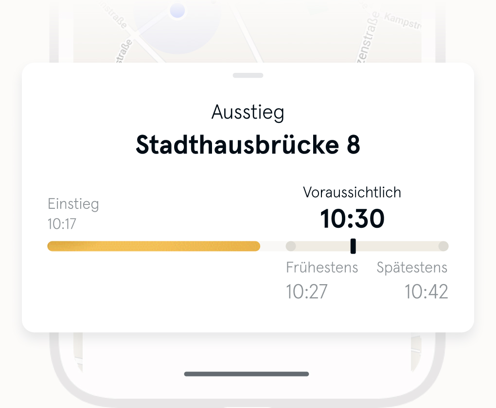 Das Bild zeigt die Ankunftsübersicht, einschließlich des Ziel-Haltepunktes, der vorraussichtlichen Ankunftszeit und dem angebotnenen Ankunftszeitfensters