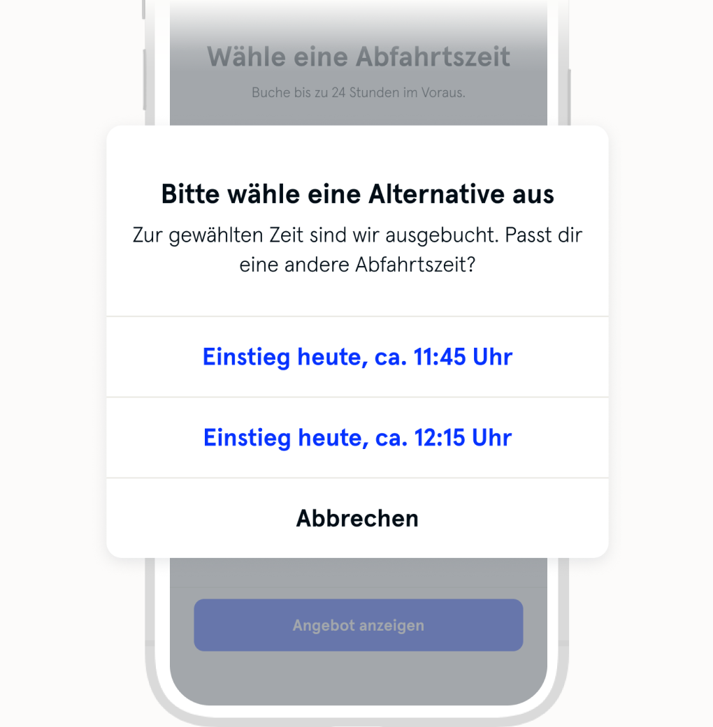 Bild zeigt alternative Fahrtangebote falls wir die ursprüngliche Anfrage zu der gewünschten Zeit nicht durchführen können