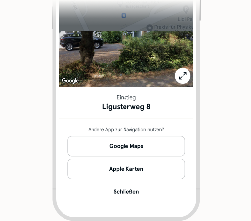 Das Bild zeigt eine Vorschau des Haltepunktes und die Option von verschiedenen Navigationsdiensten für den Fußweg zum Abholpunkt