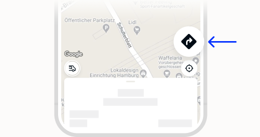 Das Bild zeigt den Button in Form eines Verkehrsschildes mit Pfeil welcher dich zur Fußgängernavigation Dieser befindet sich am rechten Rand mittig auf dem Bildschirm