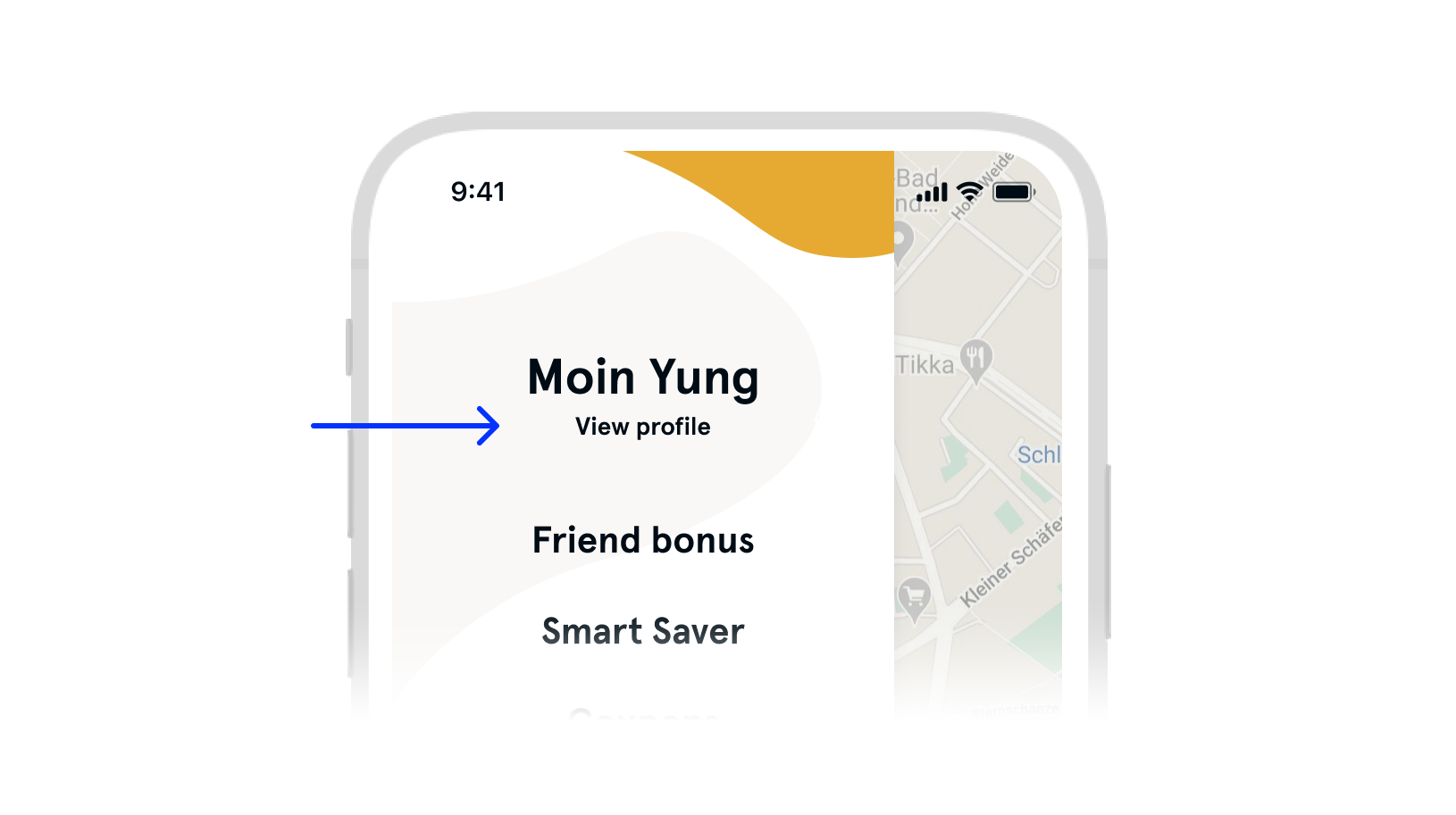Image shows the app menu, with an arrow pointing to the Go to profile button