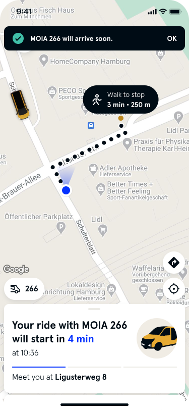 The image shows the app with arrival time and specified MOIA number