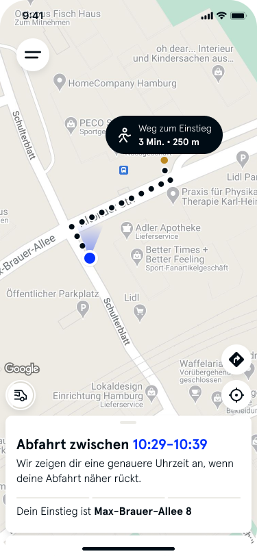 Bild zeigt die App mit Zeitfenster für die Ankunft