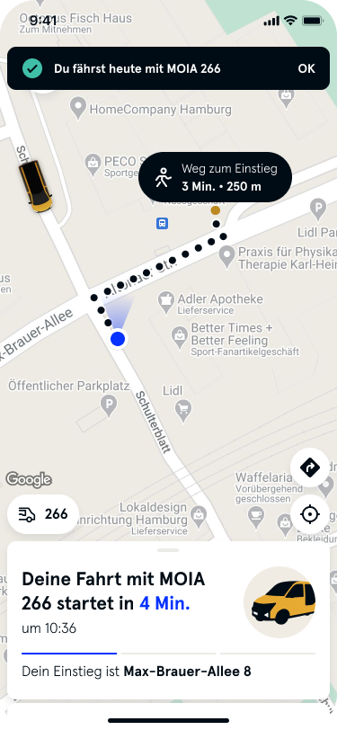 Bild zeigt die App mit festgelegtem MOIA und der Zeit bis zur Ankunft
