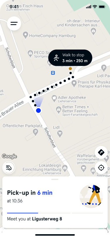 Image shows the app with time window for arrival