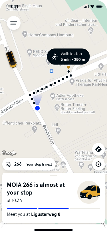 Image shows the app with the information that the MOIA is about to arrive