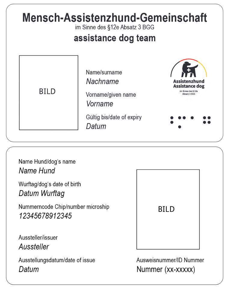 The image shows the front and back of a certificate for a person who depends on an assistance dog
