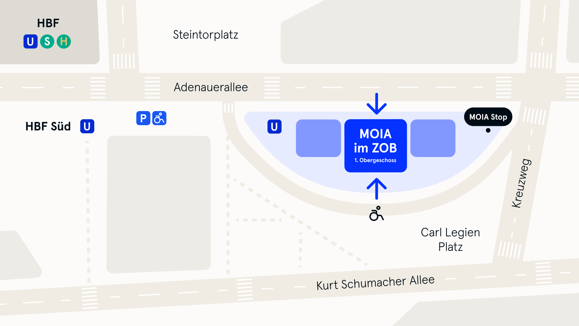 The image shows a map of the MOIA Assist Center in the Central bus station with an indication of the barrier-free entrance