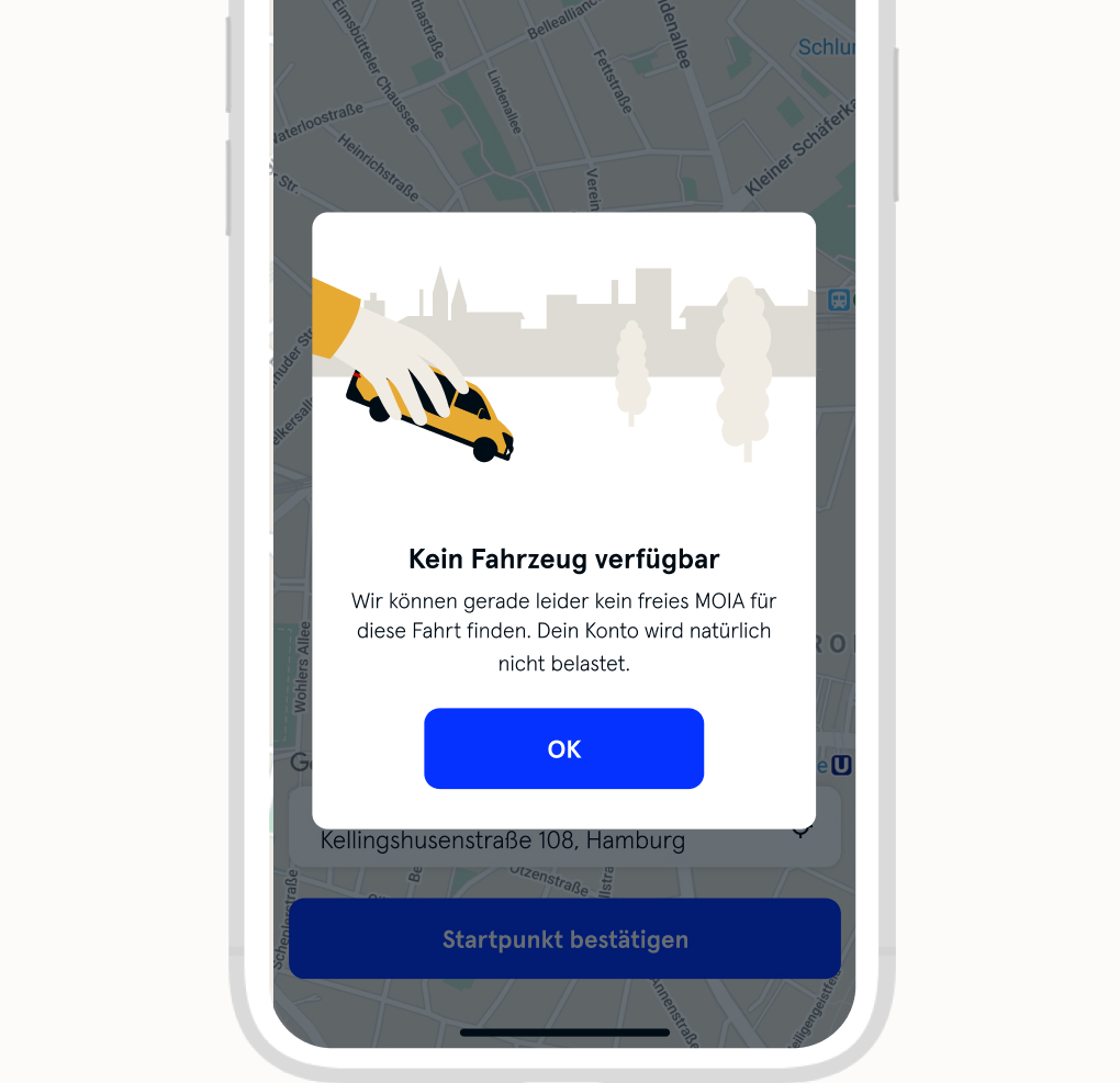 Stellt die Anzeige dar dass momentan kein Fahrzeug verfügbar ist
