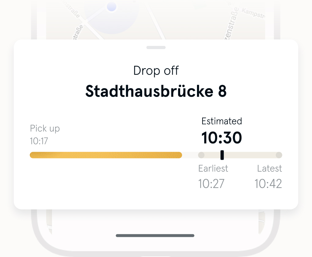 The image shows the arrival overview including the destination stop the estimated arrival time and the offered arrival time window