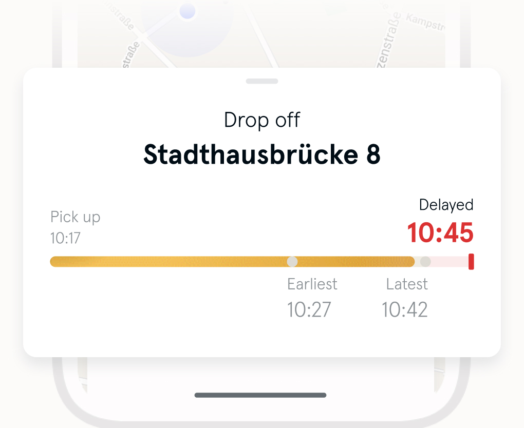 The image shows the arrival overview with the time written in red indicating a delay in the arrival