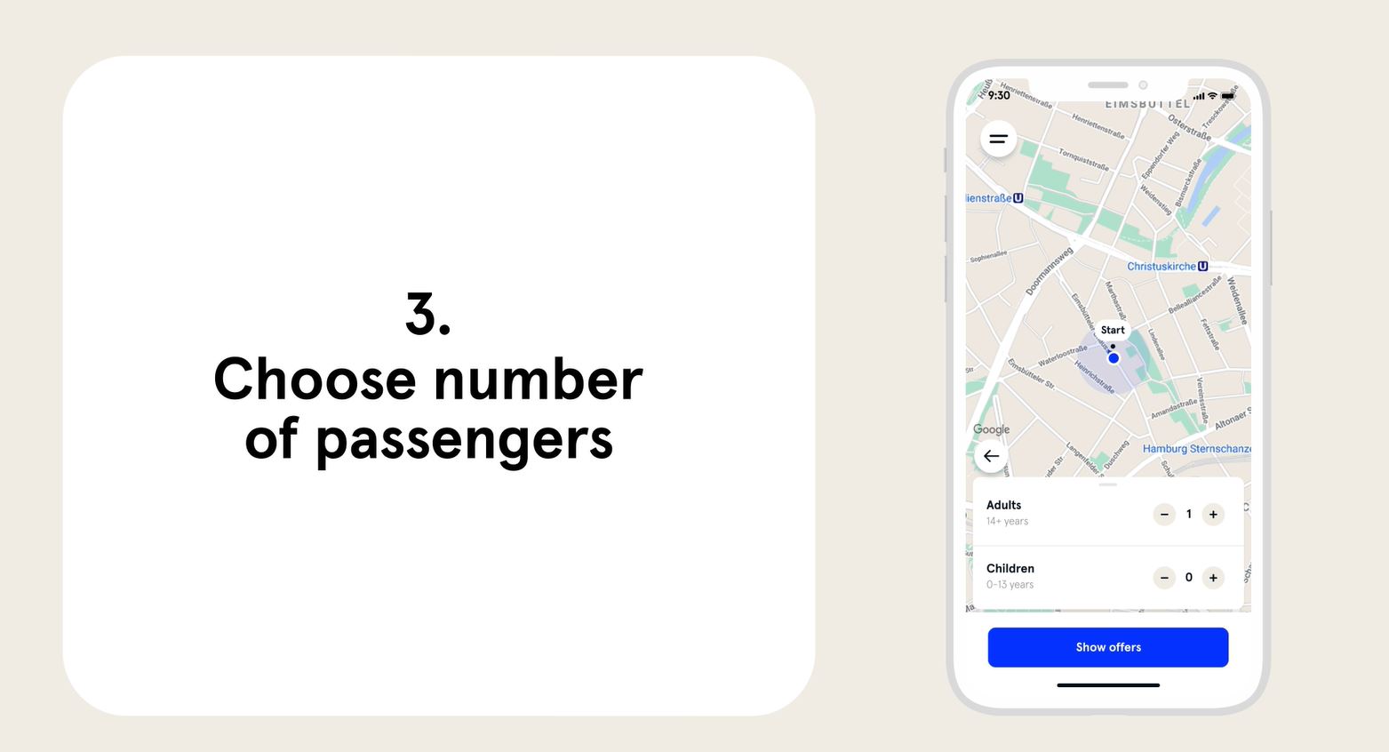 The image shows the selection of the number of travellers