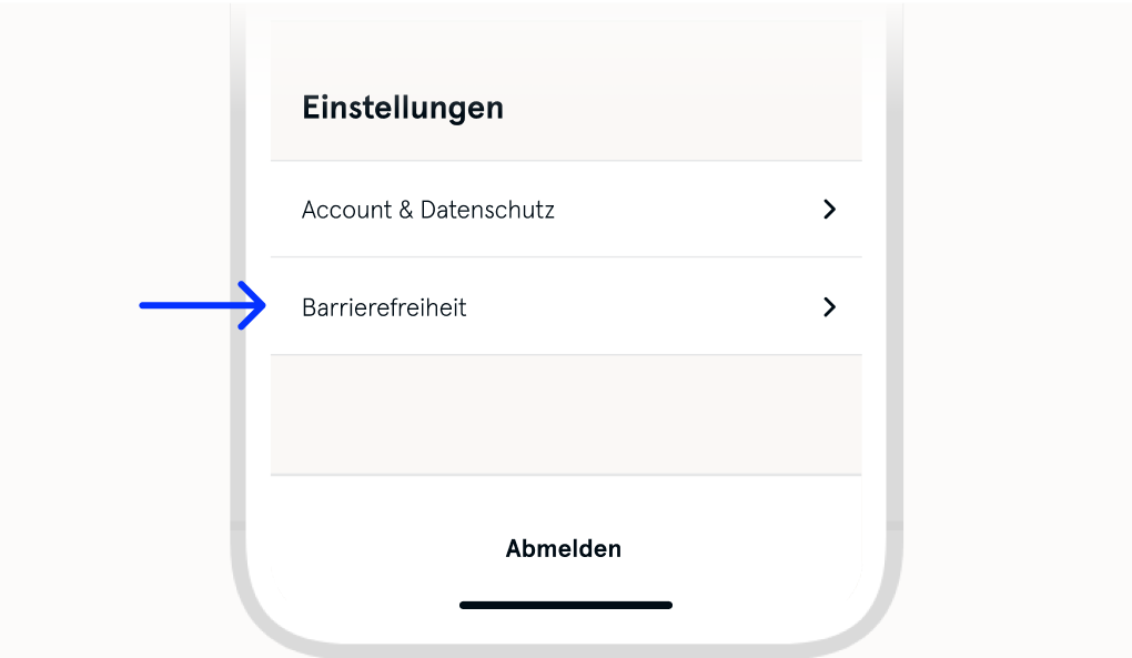 Bild stellt das App-Menü dar mit einem Pfeil gerichtet auf den Button Barrierefreiheit