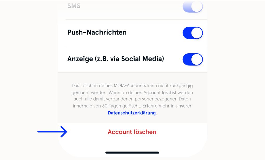 Bild zeigt einen blauen Pfeil, der auf die Funktion Account löschen hinweist.