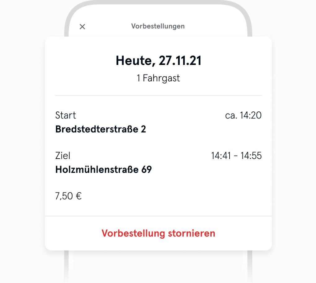 Bild zeigt die Vorbestellungsübersicht einschließlich Start und Zieladresse Abholungs und Ankunftszeit und Preis der Vorbestellung