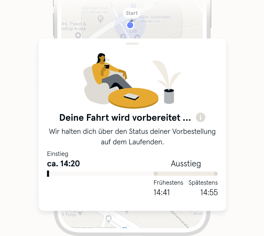 Bild zeigt einen Hinweis darüber dass die Fahrt vorbereitet wird Zusätzlich wird die vorraussichtliche Ein und Ausstiegszeit angezeigt