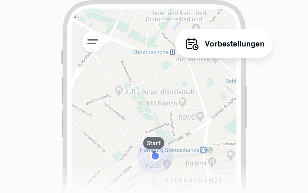 Bild zeigt einen Button oben rechts in der App mit der Aufschrift Vorbestellungen