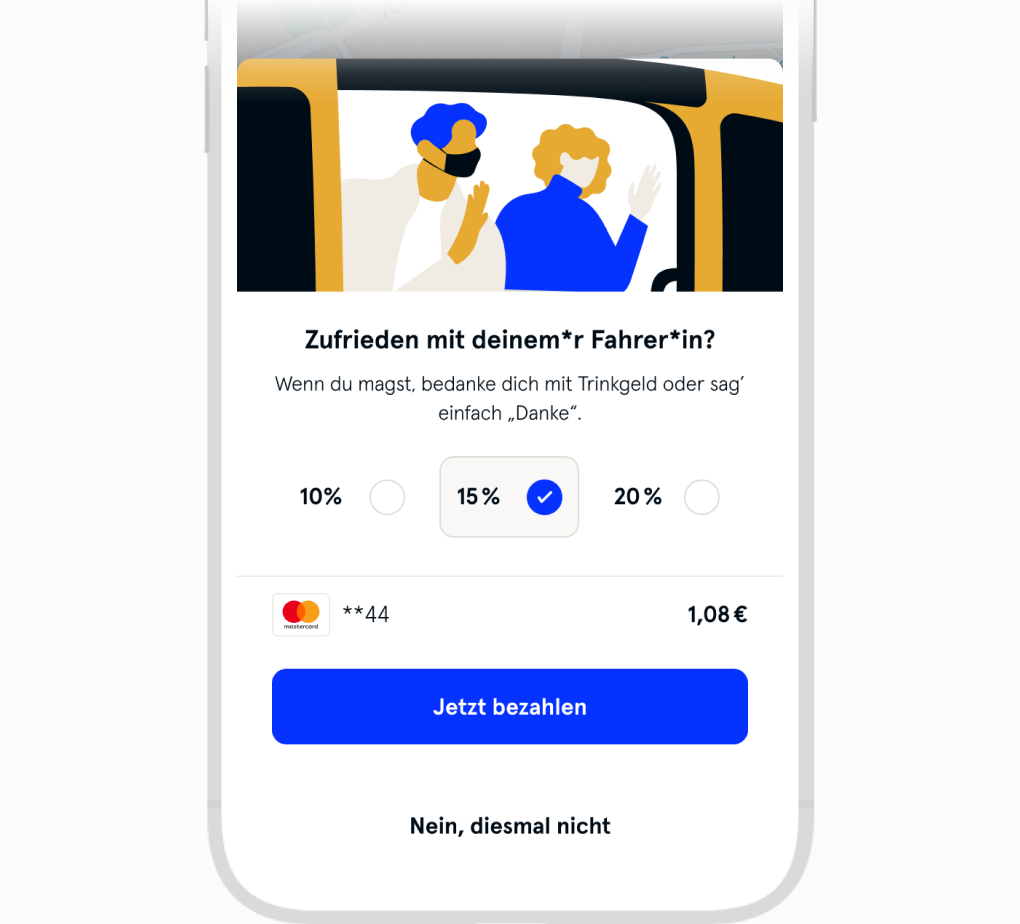 Bild zeigt die Möglichkeit am Ende der Fahrt digital ein Trinkgeld zu geben mit möglichen Prozentsätzen wie 10 15 oder 20 Prozent