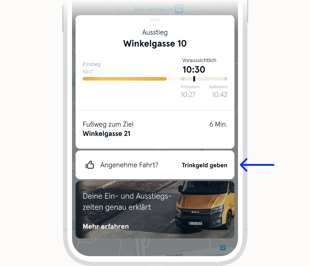 Bild zeigt die Fahrtübersicht während einer aktiven Fahrt an mit der Möglichkeit digital ein Trinkgeld zu geben