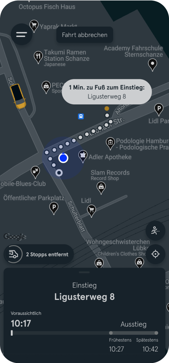 Bild zeigt die MOIA App im dunklen Design