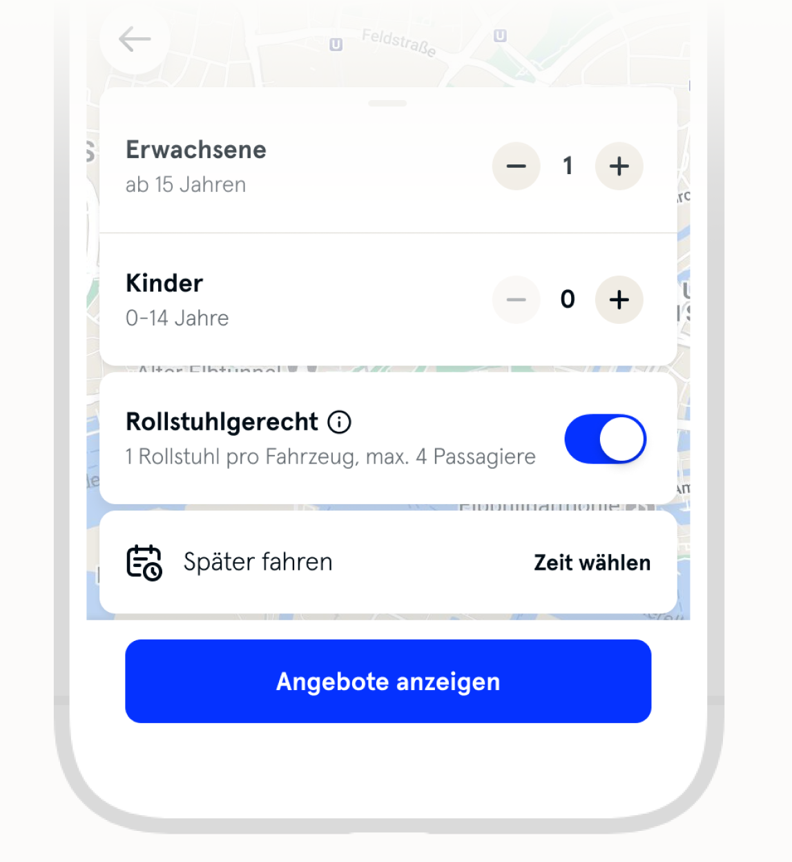Bild zeigt den Button um ein rollstuhlgerechtes MOIA beim Bestellvorgang zu buchen