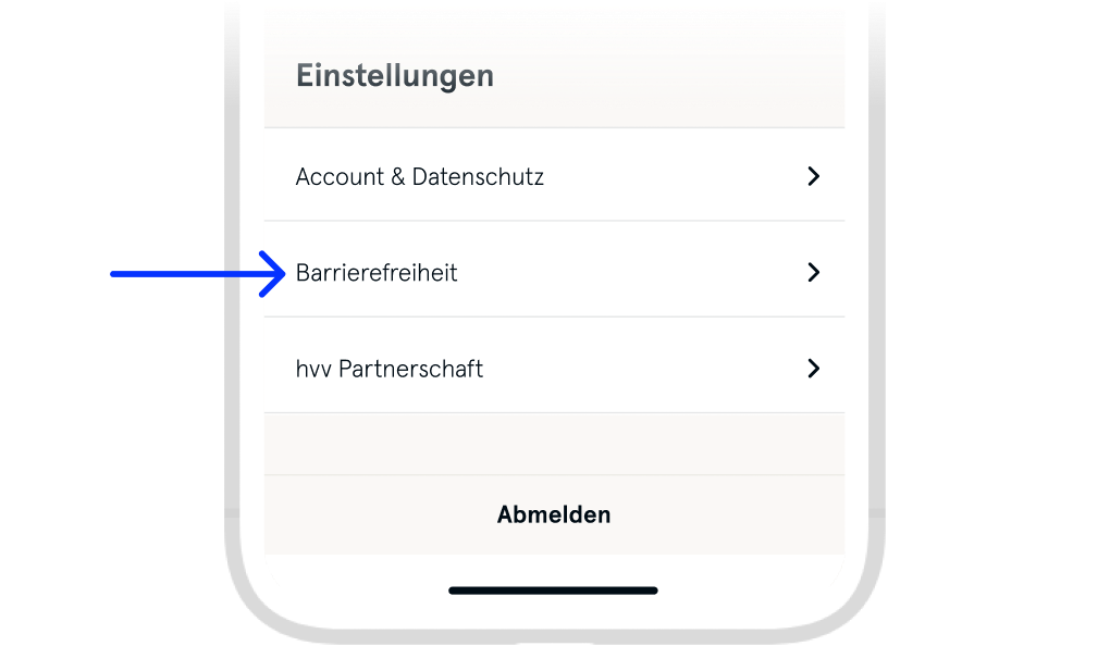 Bild stellt das App-Menü dar mit einem Pfeil gerichtet auf den Button Barrierefreiheit