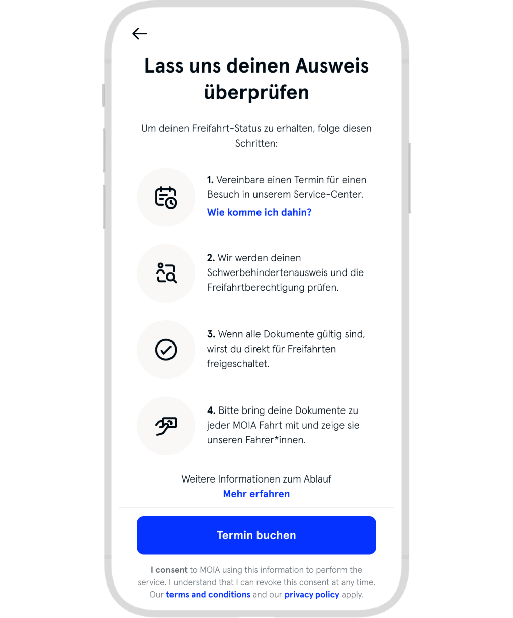 Bild zeigt eine Anleitung über den Buchungsprozess und einen Button für eine Terminbuchung